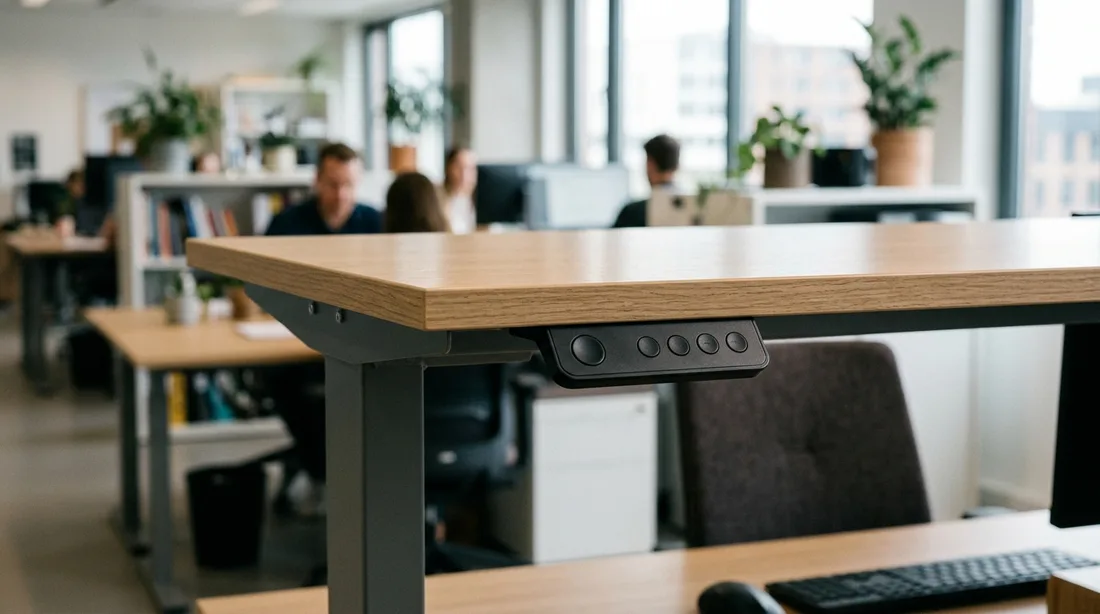 Höhenverstellbarer Schreibtisch mit Bedienpanel am Rand der Tischplatte
