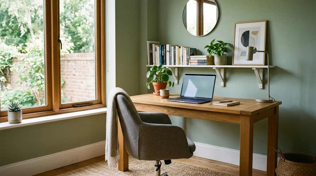 Homeoffice-Arbeitsplatz mit aufgeklapptem Laptop auf einem Holzschreibtisch fester Höhe, Bürostuhl und Tageslicht von der Seite