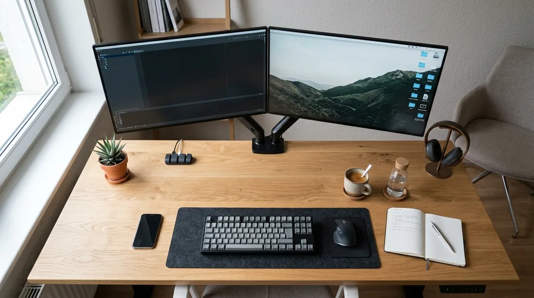 Schreibtisch mit zwei Monitoren, Tastatur und Ablagefläche von oben betrachtet